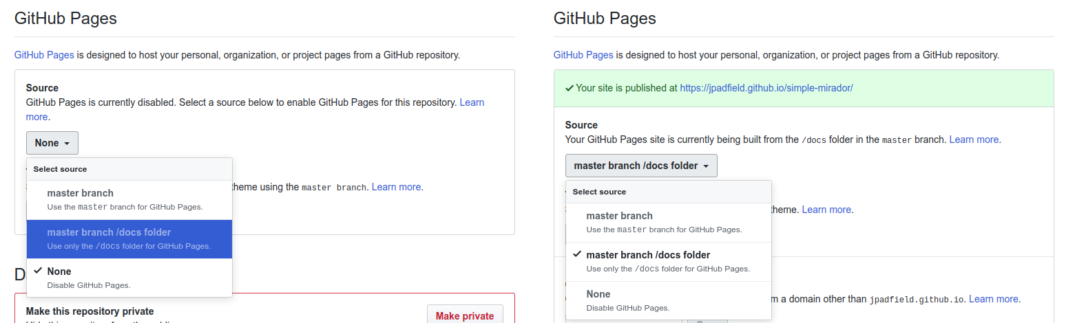 Example screenshots of the GitHub Pages section of the Settings page.